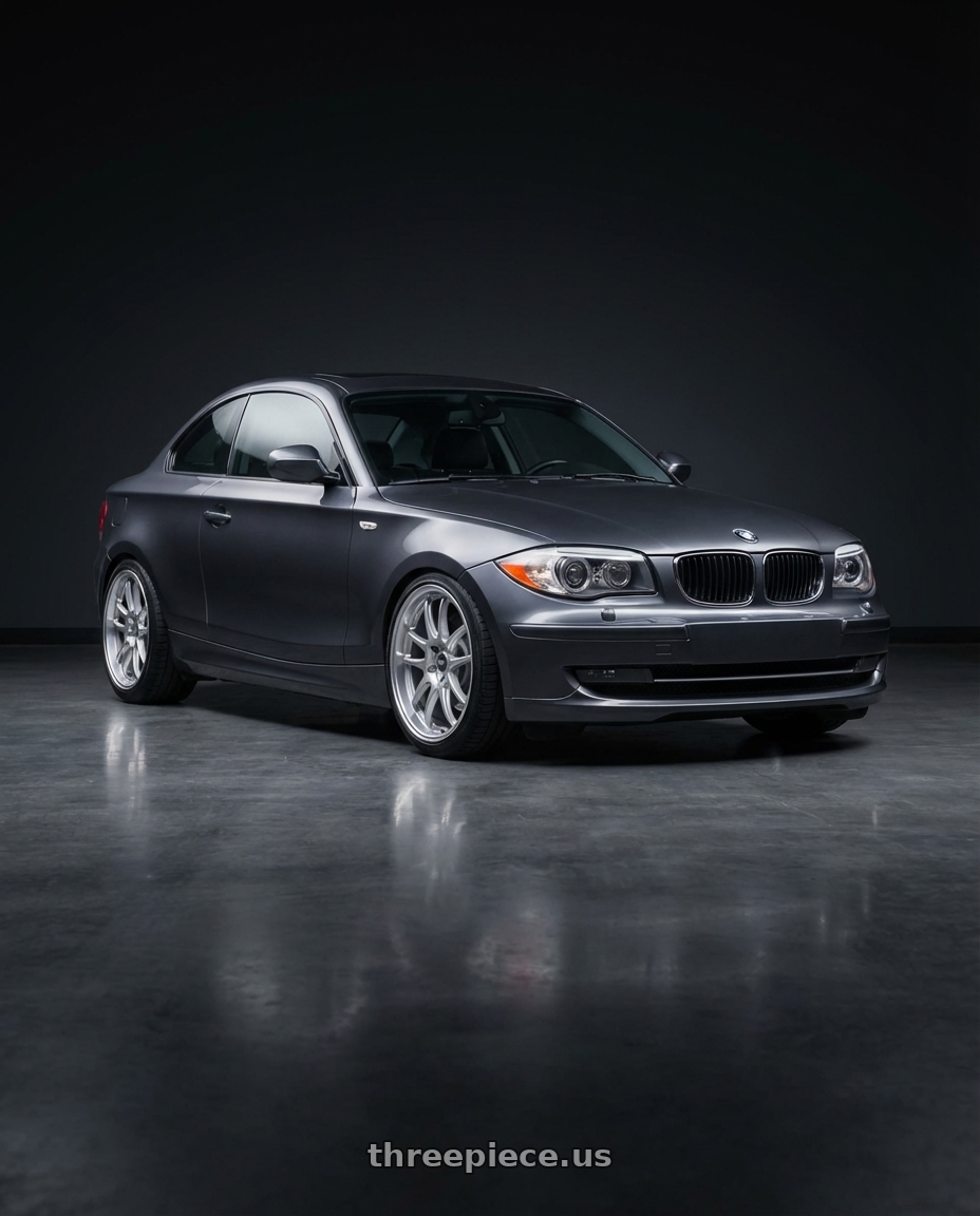 2012 BMW 1 Series E82 with ESR Wheels APEX SERIES AP8 5x120 18x9.5 +22 Hyper Silver wheels front three quarter view lowered stance