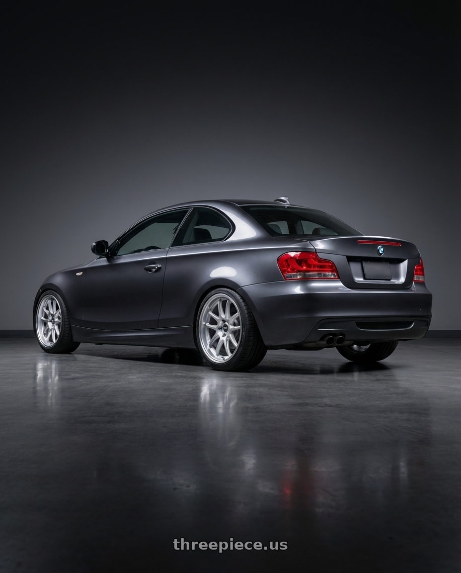 2012 BMW 1 Series E82 with ESR Wheels APEX SERIES AP8 5x120 18x9.5 +22 Hyper Silver wheels rear three quarter view square tires