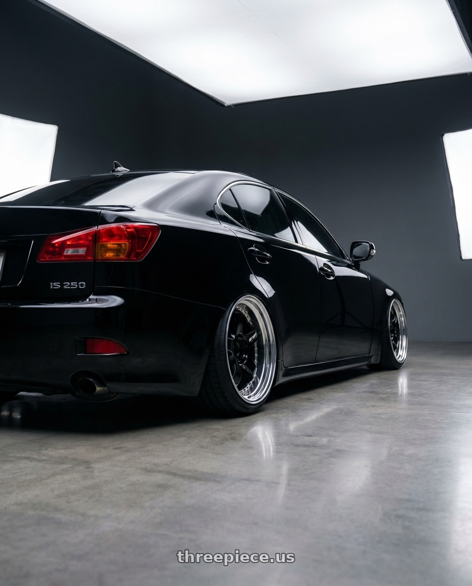 2007 Lexus is 250 with Work Meister S1 3P 5x114.3 18x10+42 L Disk Black wheels rear three quarter view extreme stretch tires