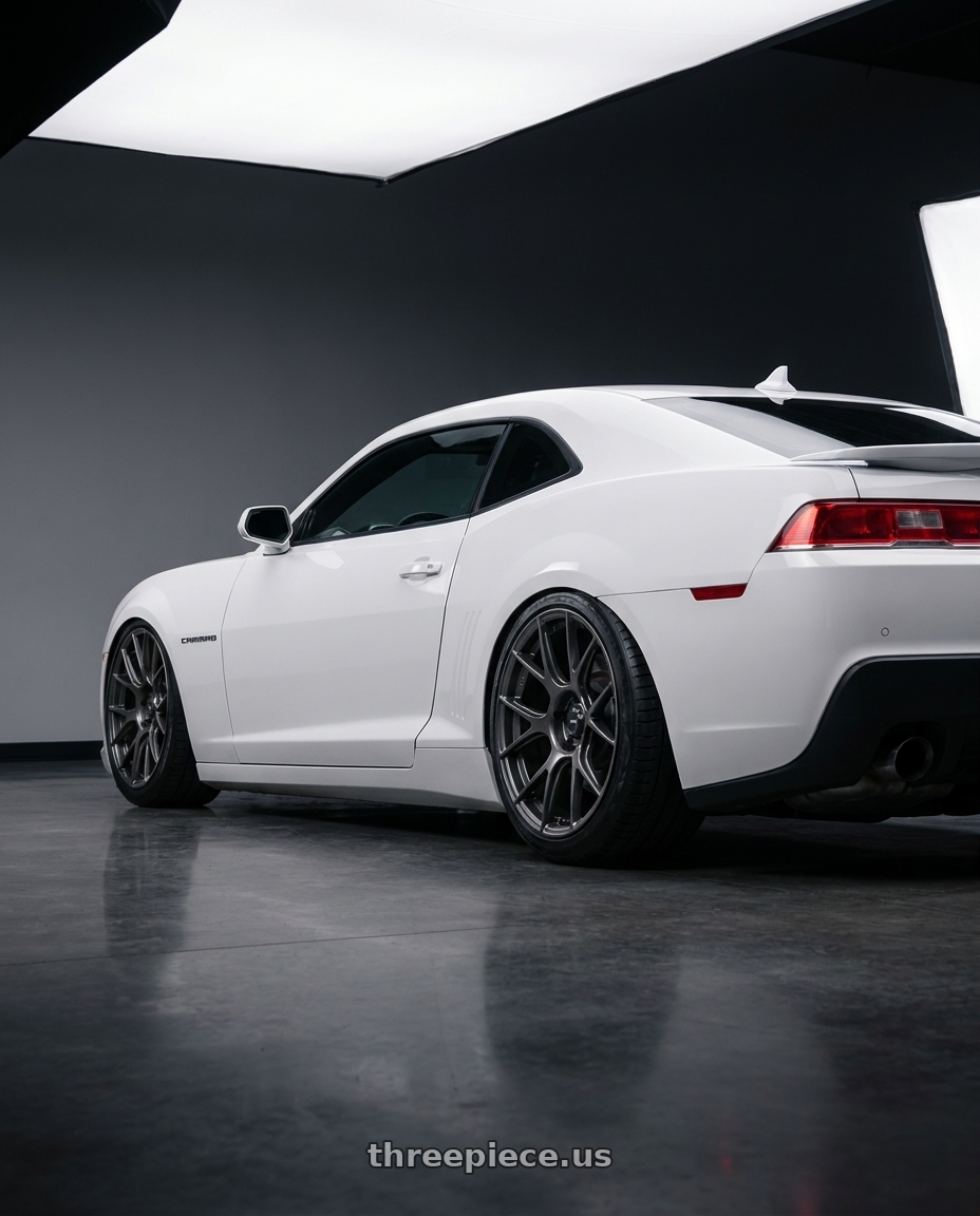 2014 Chevrolet Camaro 5th Gen with Konig Ampliform 5x120 20x8.5+45 Dark Metallic Graphite wheels rear three quarter view slight stretch tires