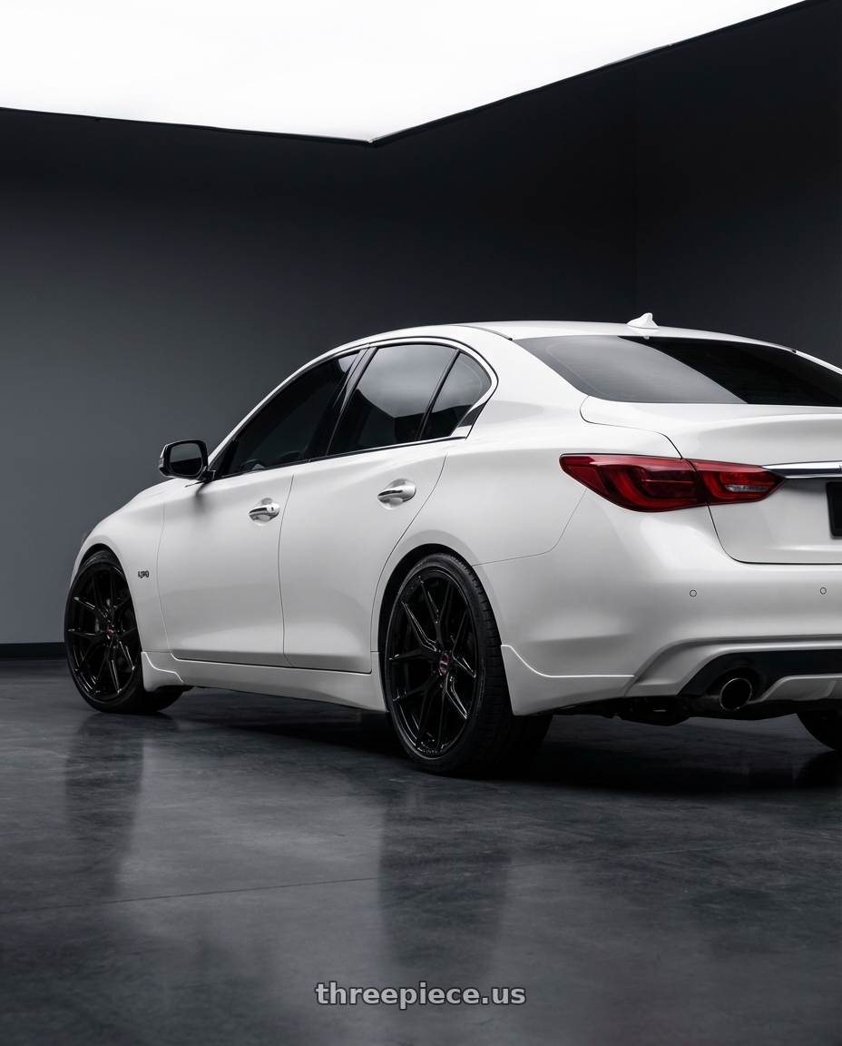 2020 Infiniti Q50 with Vossen HF-5 19x8.5 / 5x114.3 / ET32 / Flat Face / 73.1 - Gloss Black Wheel - HF5-9N60 wheels rear three quarter view square tires