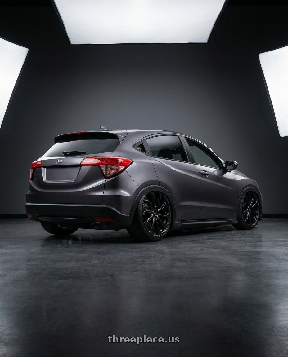 2015 Honda vezel ru1 with ECLIPSE 106 5X114.3 22x8.5 +38 FULL SATIN BLACK wheels rear three quarter view slight stretch tires