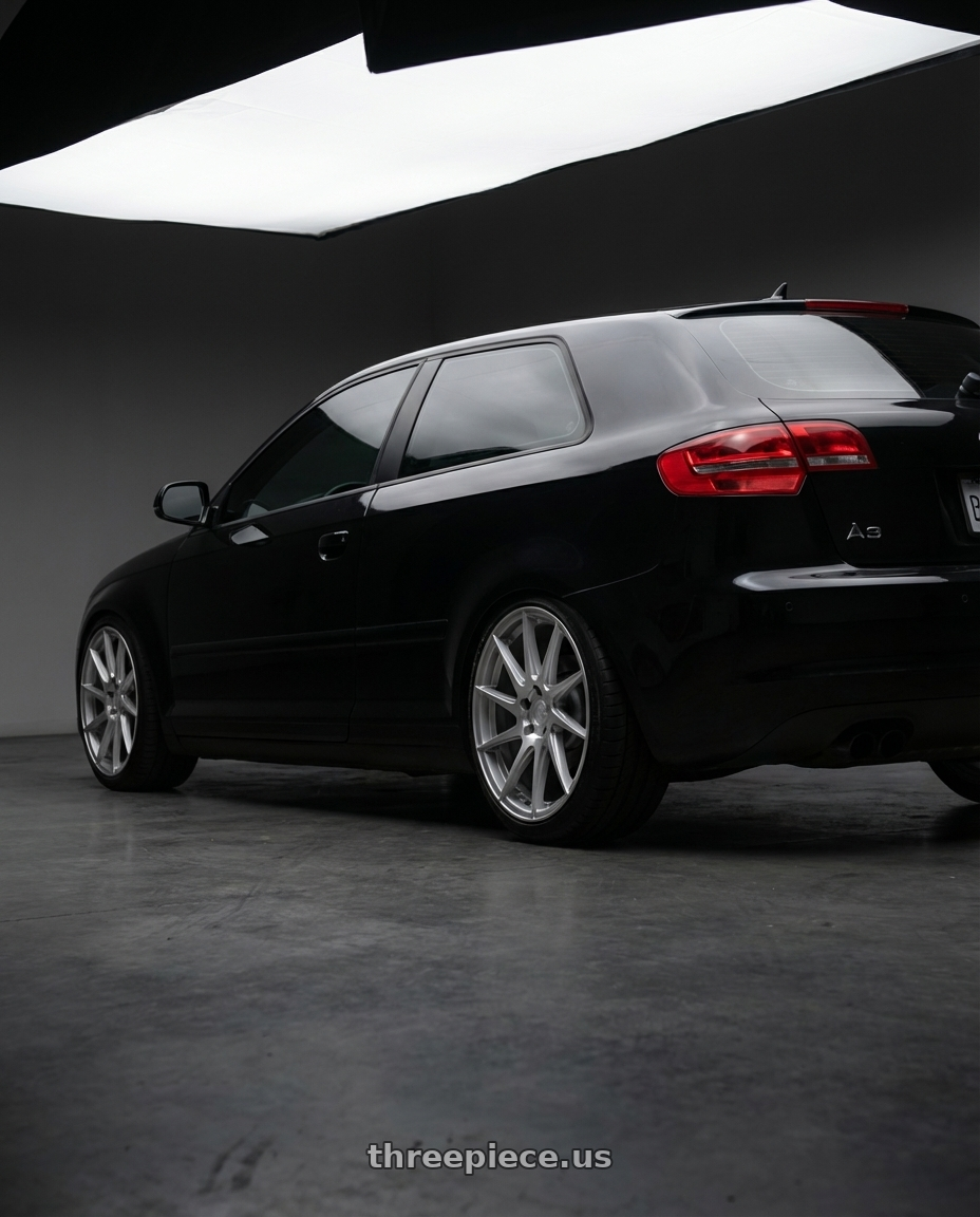 2012 Audi A3 8P with Aodhan AH09 5x112 18x8.5 +35 Gloss Silver Machined Face wheels rear three quarter view square tires