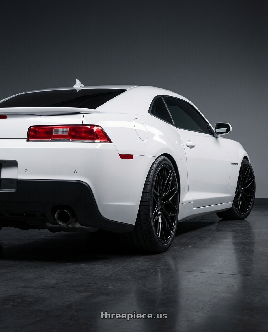 2014 Chevrolet Camaro 5th Gen with Avant Garde Wheels M520R 5X120 20x9 +38 Gloss Black wheels rear three quarter view square tires