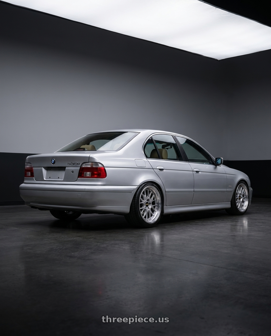 2001 bmw 530i with BBS LM-R 5x120 19x8.5+32 Diamond Silver wheels rear three quarter view slight stretch tires