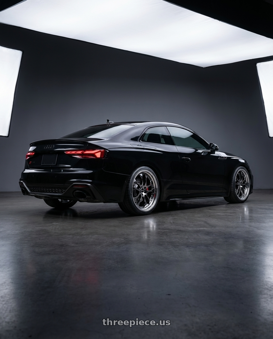 2022 Audi RS5 with Ssr Agle Minerva Step Rim 5x112 20x10.5+12 Hyper Disk Super Black Coat wheels rear three quarter view square tires
