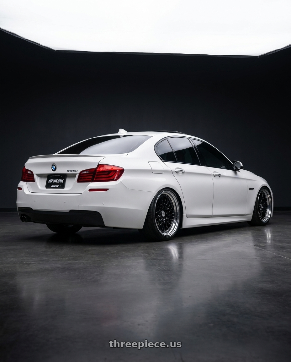 2016 BMW 535i with Work Gran Seeker Ccx 5x100 20x8+-6 R Disk Black wheels rear three quarter view slight stretch tires