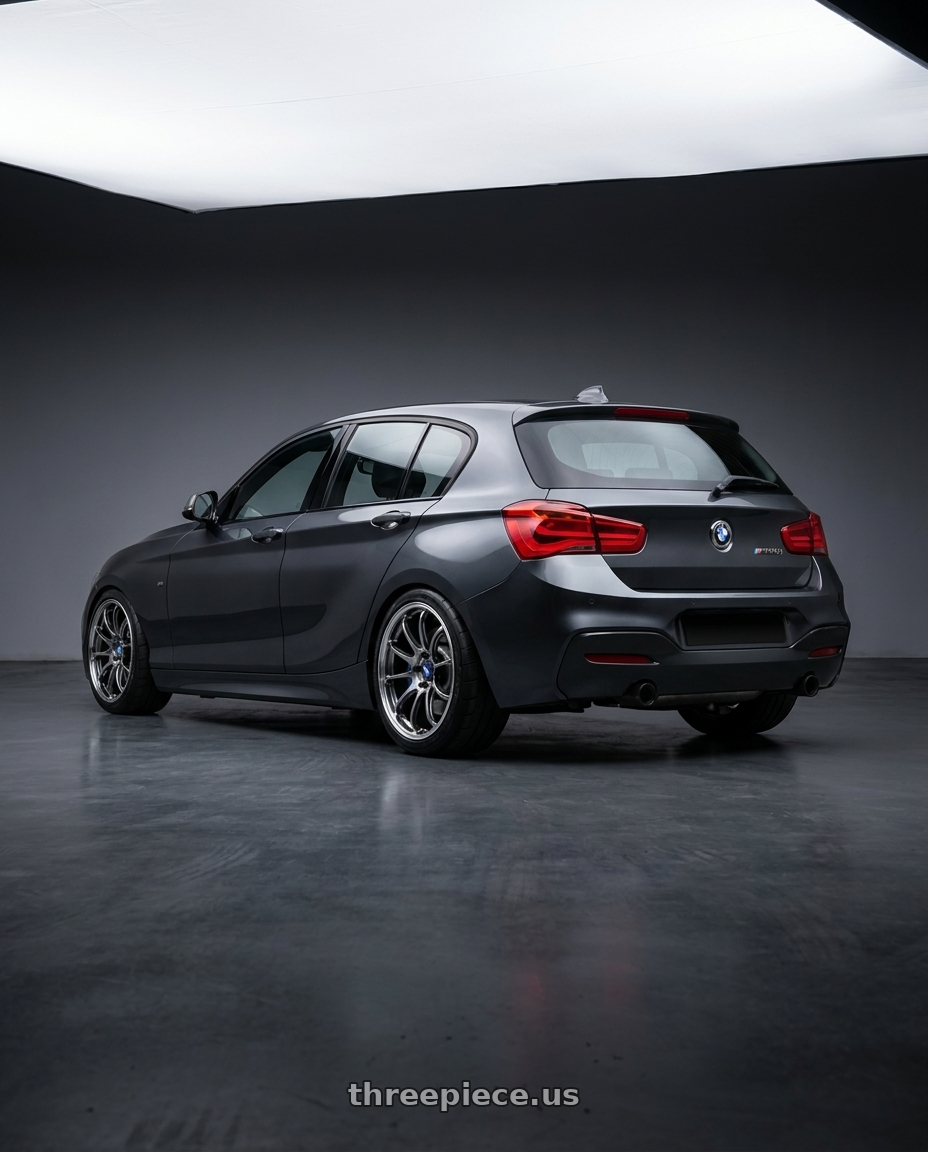2018 bmw m140i with Advan Racing RZ-DF2 5x120 19x8.5 +35 DIAMOND CUT & HYPER PLATINUM BLACK wheels rear three quarter view meaty tires