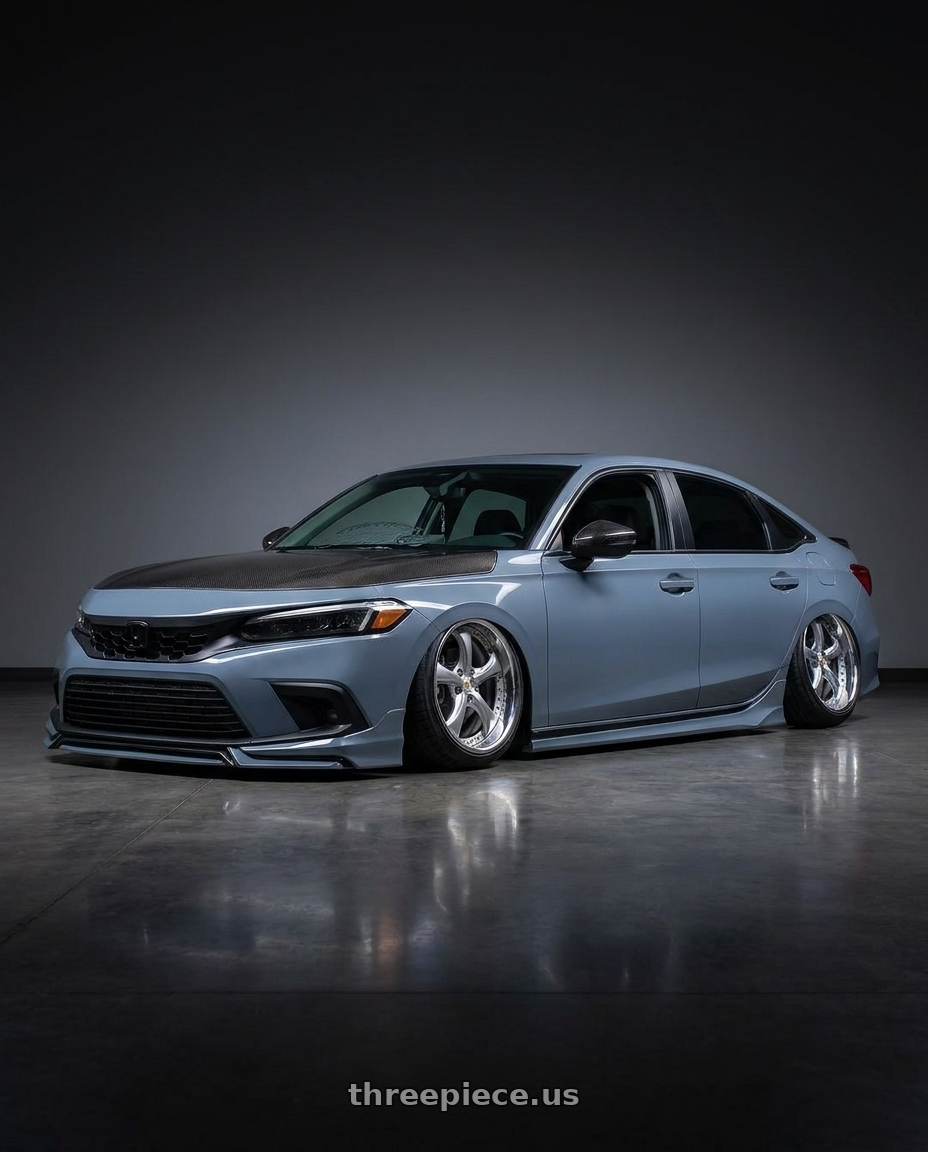 2023 Honda civic  with Work Wheels VS-KF 5x114.3 18x8.5-16 Light Grey Silver L Disk FULL REVERSE wheels rear three quarter view slight stretch tires