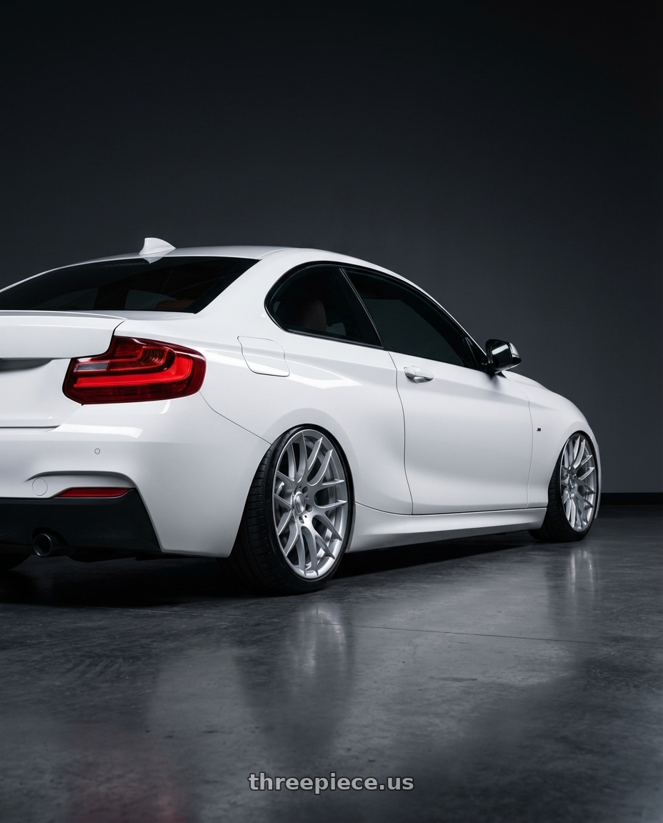 2018 BMW 2 Series F22 with Avant Garde Wheels M359 5X120 19x9 +35 Hyper Silver wheels rear three quarter view slight stretch tires
