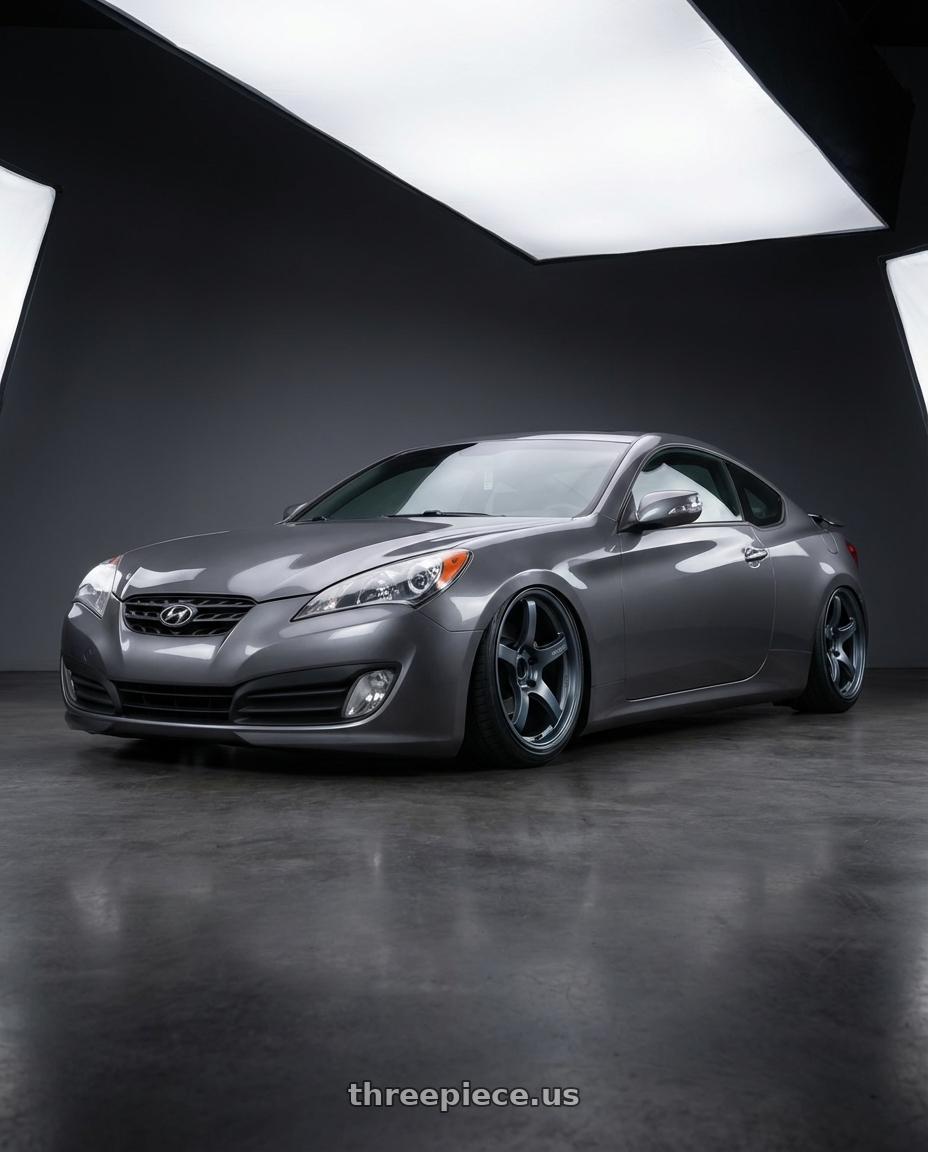2014 Hyundai Genesis Coupe with Gram Lights 57CR 5x114.3 19x9.5+25 Gunblue II wheels front three quarter view stanced stance