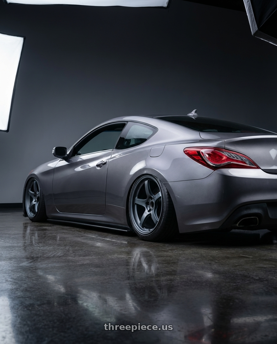 2014 Hyundai Genesis Coupe with Gram Lights 57CR 5x114.3 19x9.5+25 Gunblue II wheels rear three quarter view slight stretch tires