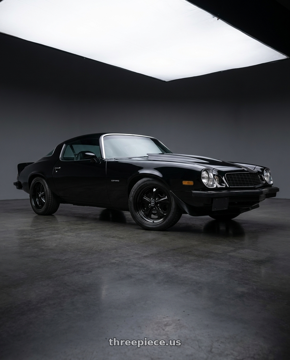 1976 Chevy Camaro with American Racing Vintage VN501 500 MONO CAST 5X120.65 15X7 0 GLOSS BLACK MACHINED wheels