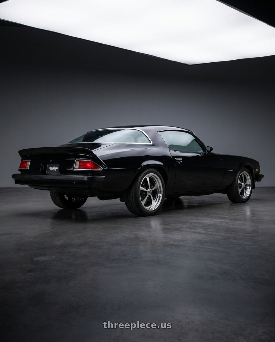 1976 Chevy Camaro with American Racing Vintage VN501 500 MONO CAST 5X120.65 15X7 0 GLOSS BLACK MACHINED wheels rear three quarter view square tires