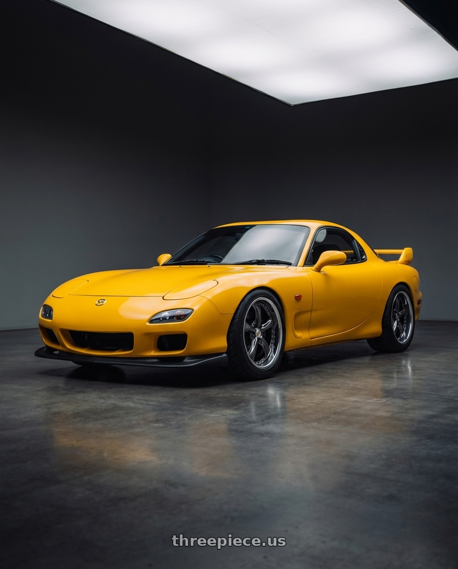 1998 fd rx7 efini yellow with Work Wheels VS-KF 5X114.3 19x8-30 Brilliant Silver Black R Disk FULL REVERSE wheels