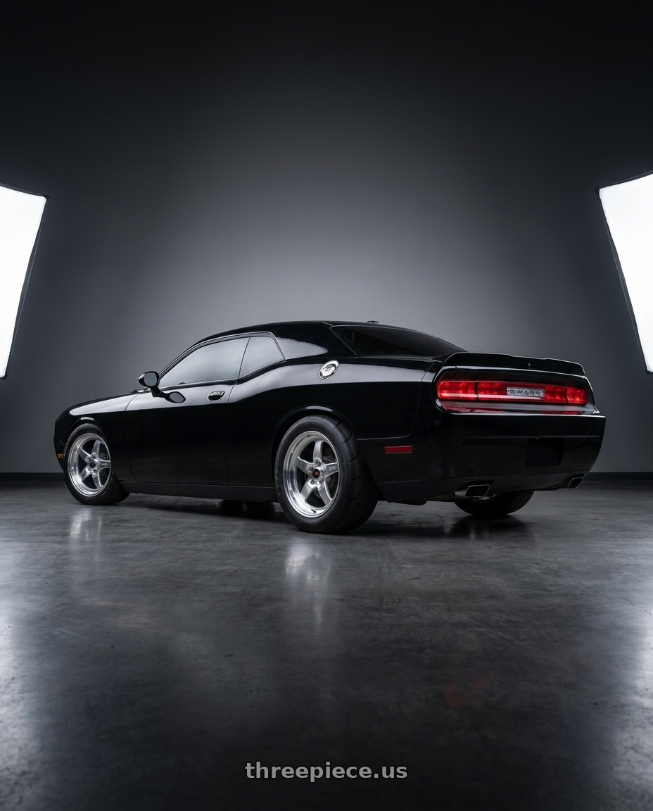 2010 Dodge Challenger R/T with WELD Street Performance Ventura 5x115 20x9 +20 Gloss Silver Machined wheels rear three quarter view meaty tires