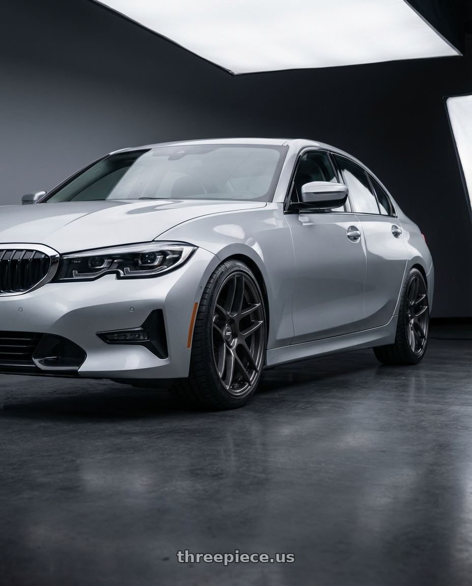 2023 BMW 3 Series G20 with ESR Wheels FORGETECH SERIES RF1 5x112 19x10.5 +22 Gloss Graphite wheels front three quarter view lowered stance