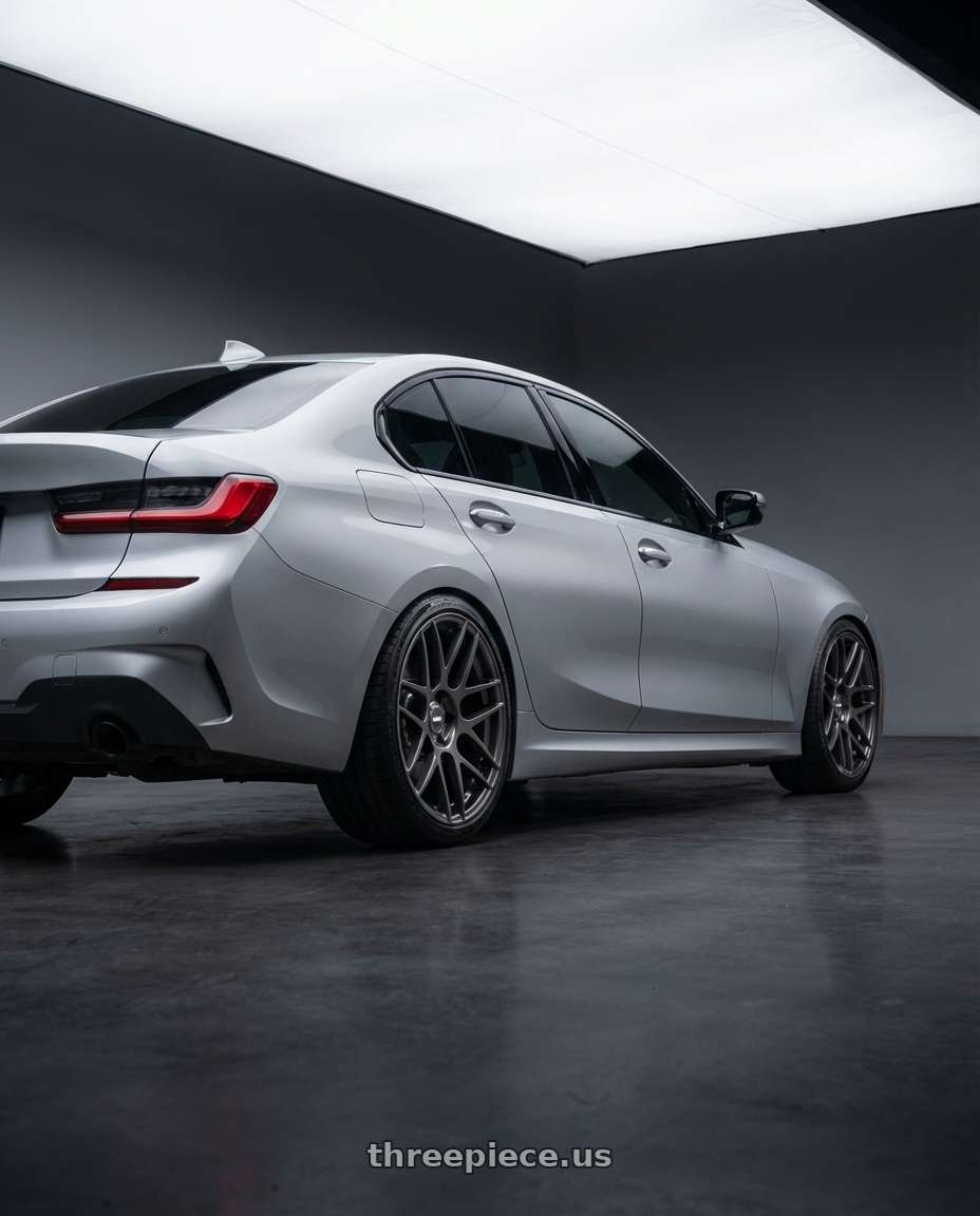 2023 BMW 3 Series G20 with ESR Wheels FORGETECH SERIES RF1 5x112 19x10.5 +22 Gloss Graphite wheels rear three quarter view square tires