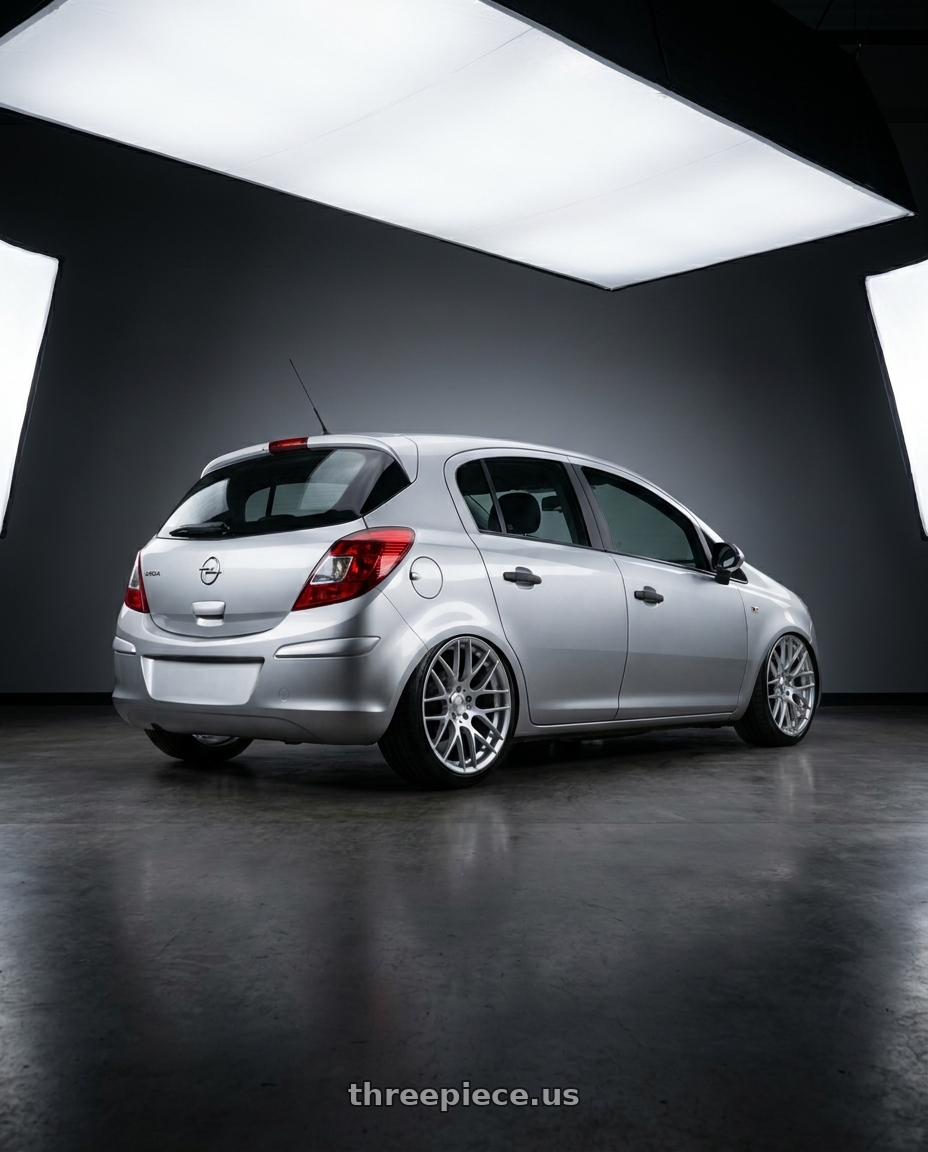 2010 Opel Corsa D with Avant Garde Wheels M359 5X120 19x11 +25 Hyper Silver wheels rear three quarter view slight stretch tires