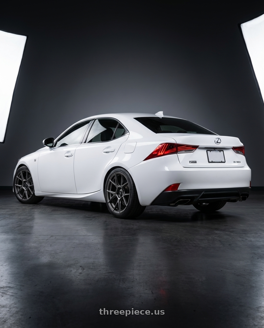 2018 Lexus IS 350 F Sport with Konig Ampliform 5x114.3 19x8.5+30 Dark Metallic Graphite wheels rear three quarter view square tires