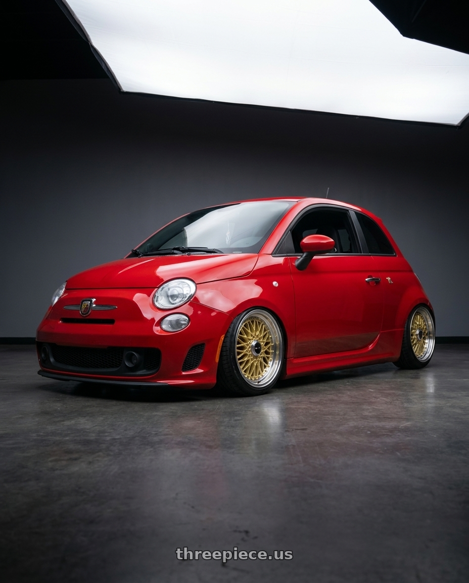 2012 Fiat 500 with Vors VR3 4x98 16x8  +20 Gold Machine Lip Gold Rivet wheels