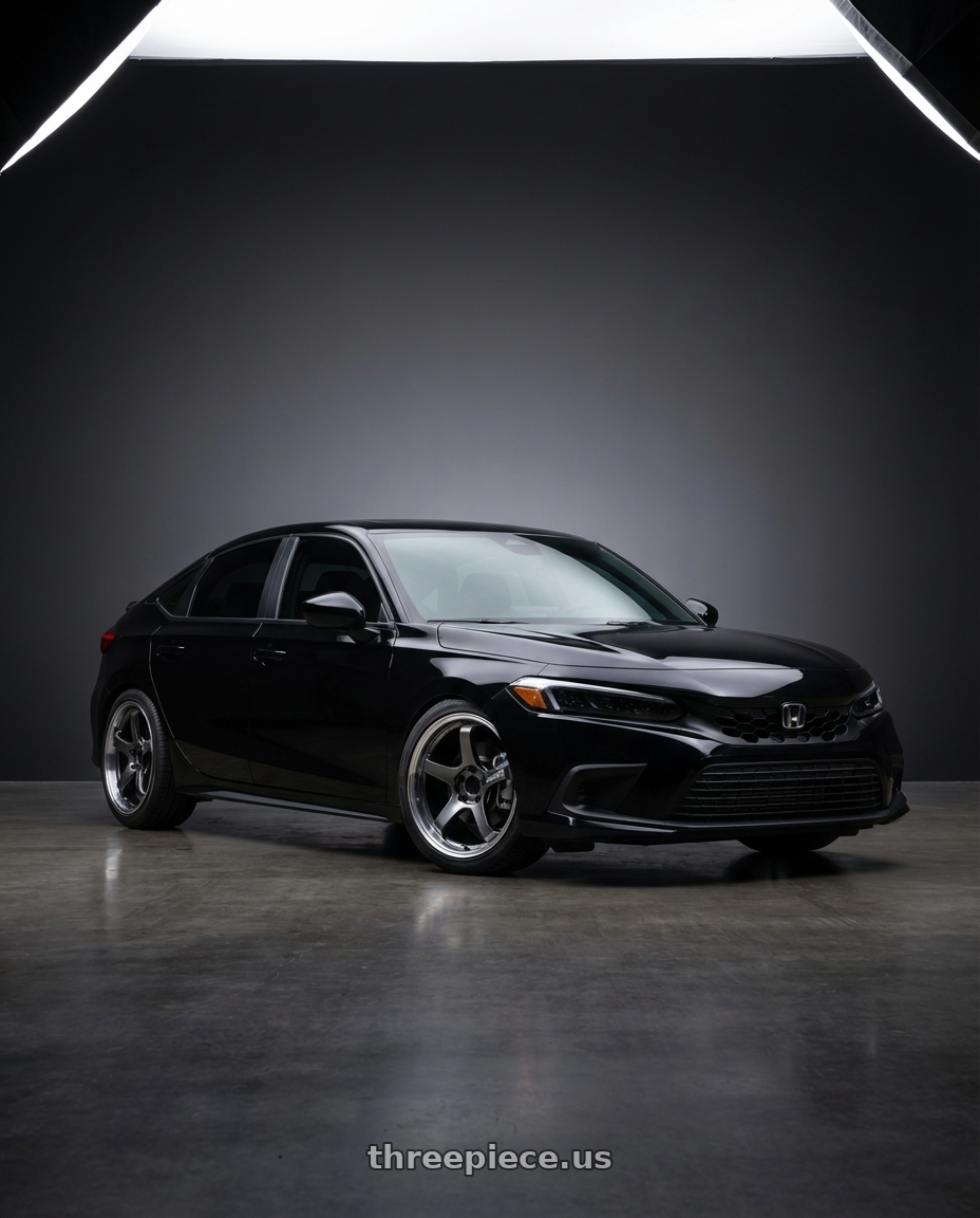 2023 Honda Civic Hatchback with Advan Racing GT BEYOND 5x114.3 18x9.5 +38 MACHINING & HYPER PLATINUM BLACK wheels front three quarter view lowered stance