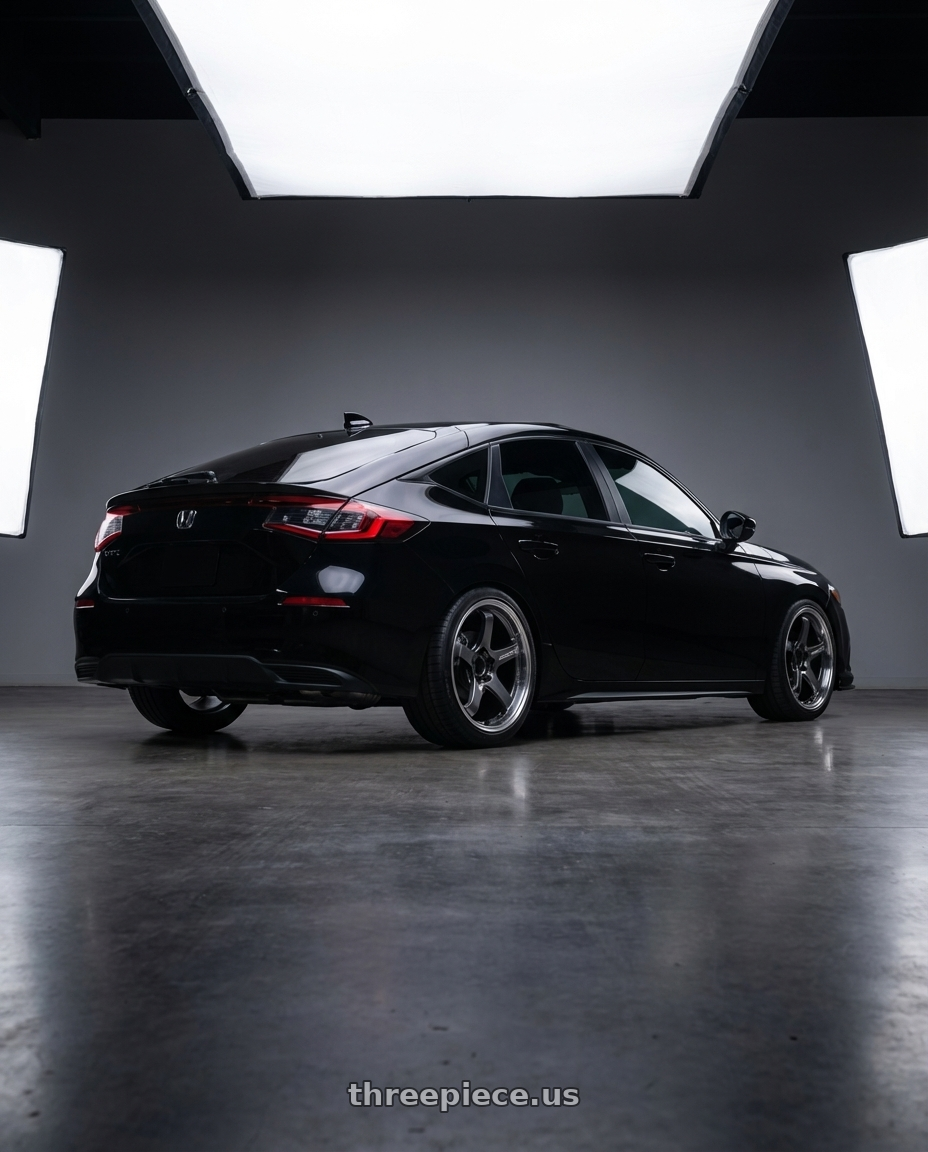 2023 Honda Civic Hatchback with Advan Racing GT BEYOND 5x114.3 18x9.5 +38 MACHINING & HYPER PLATINUM BLACK wheels rear three quarter view square tires