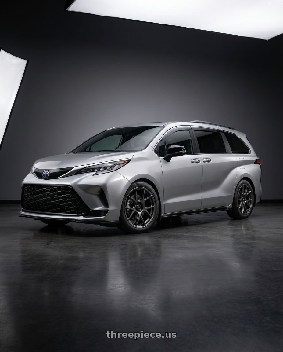 2022 Toyota Sienna XSE with Konig Ampliform 5x114.3 20x8.5+30 Dark Metallic Graphite wheels front three quarter view lowered stance