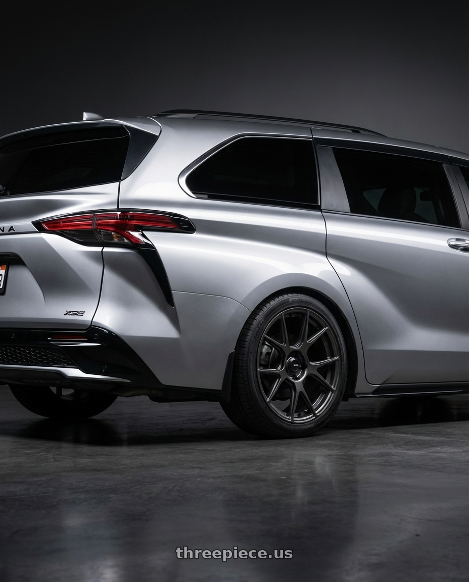 2022 Toyota Sienna XSE with Konig Ampliform 5x114.3 20x8.5+30 Dark Metallic Graphite wheels rear three quarter view square tires