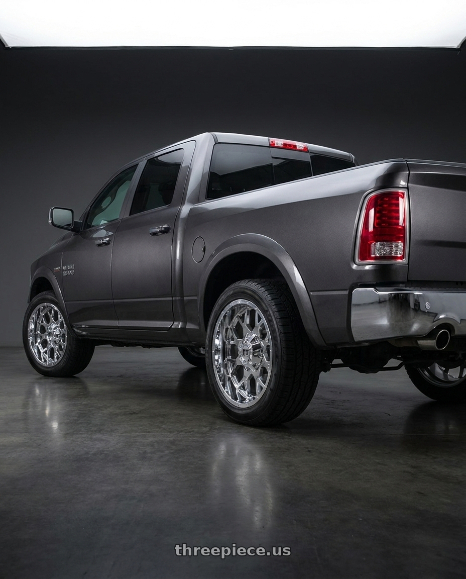 2016 ram 1500 with FULL THROTTLE FT0151 5x139.7/5x150 18x9-12 CHROME wheels rear three quarter view square tires