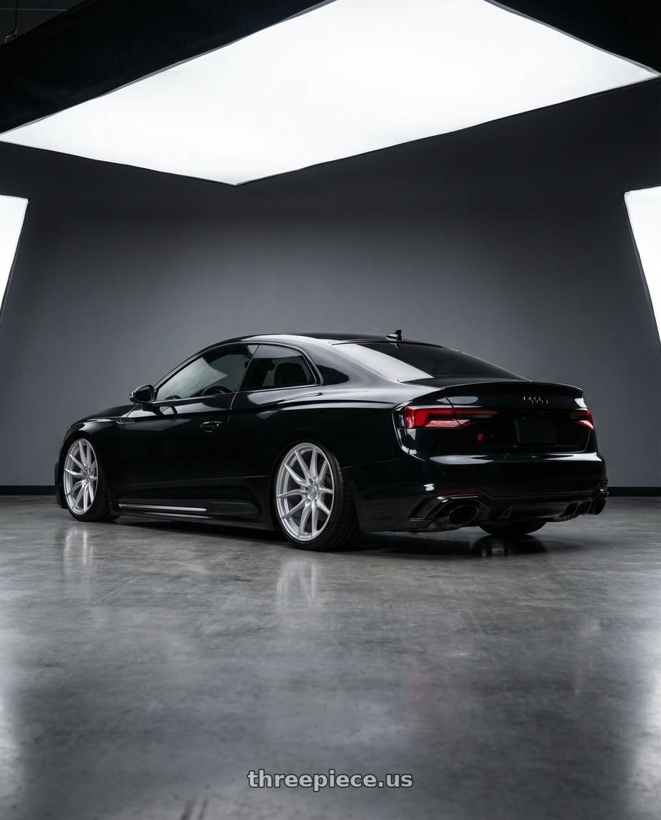 2022 Audi RS5 with Aodhan AFF2 5x112 20x10.5+35 Gloss Silver Machined Face wheels rear three quarter view slight stretch tires