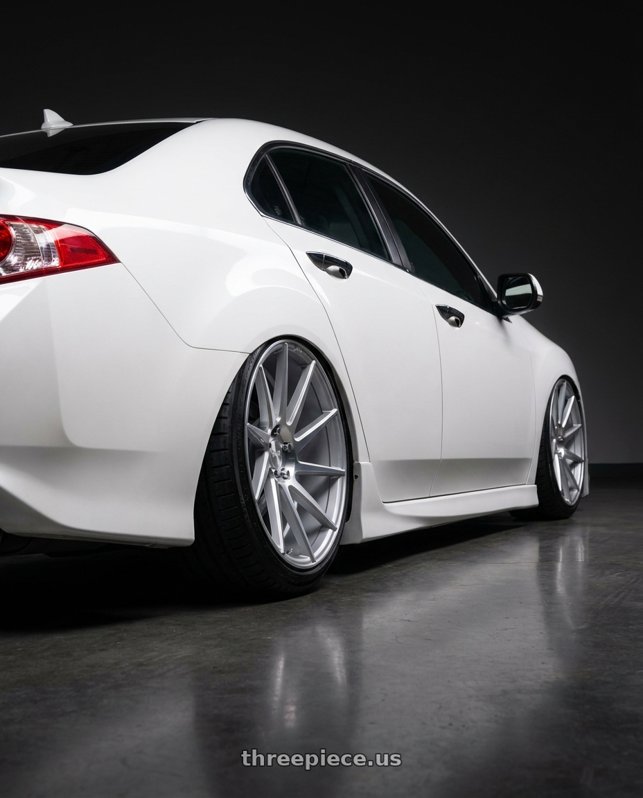 2013 Acura TSX with Niche 1PC M112 SURGE 5X114.3 19X8.5 +35 GLOSS SILVER MACHINED wheels rear three quarter view slight stretch tires