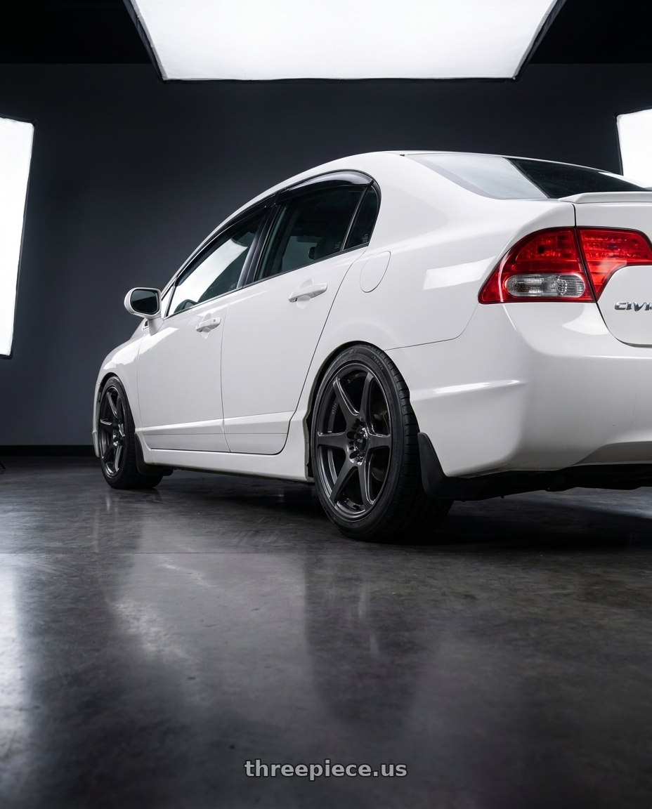 2007 honda civic ex with Konig Tandem 5x114.3 17x8+35 Gloss Graphite wheels rear three quarter view square tires
