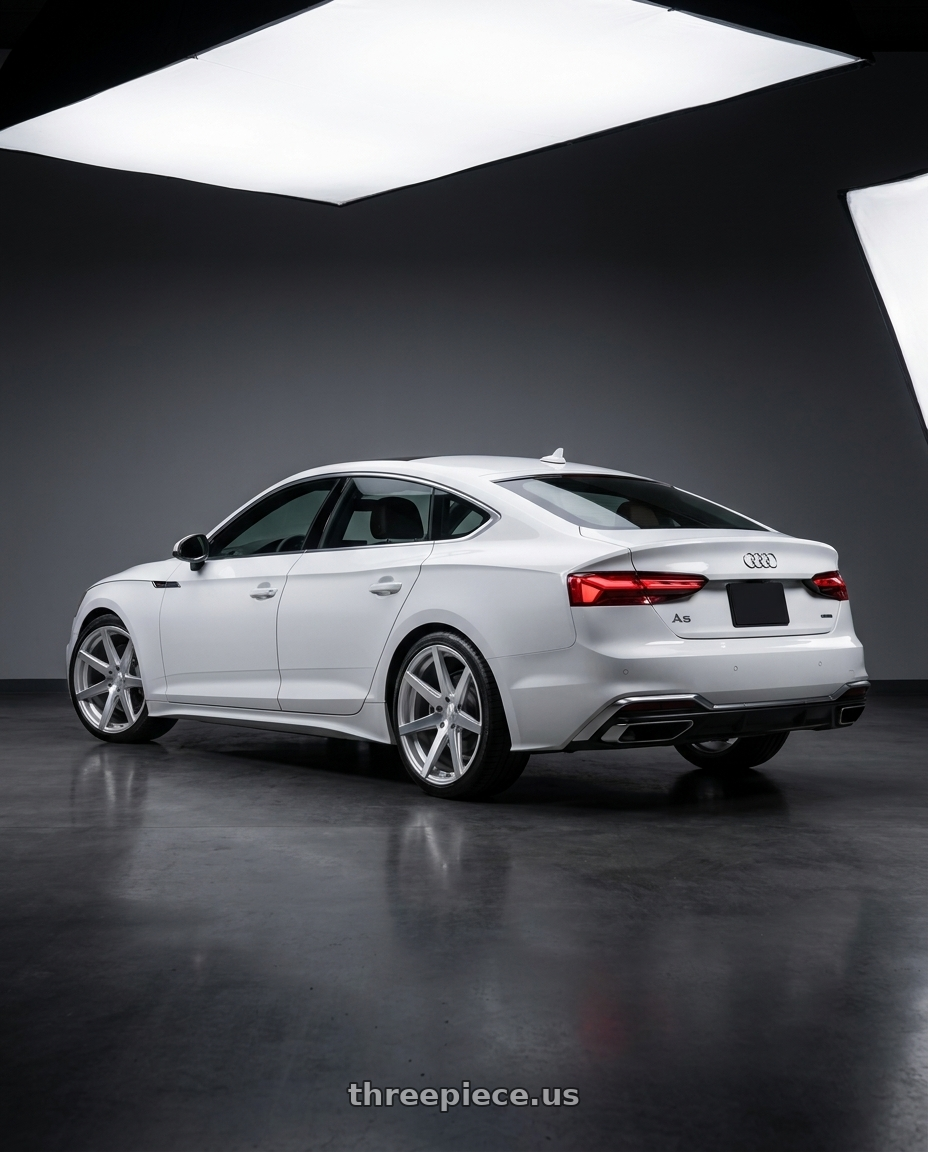 2023 Audi a5 s line with Rohana RC7 5x112 20x9+35 Machine Silver wheels rear three quarter view square tires