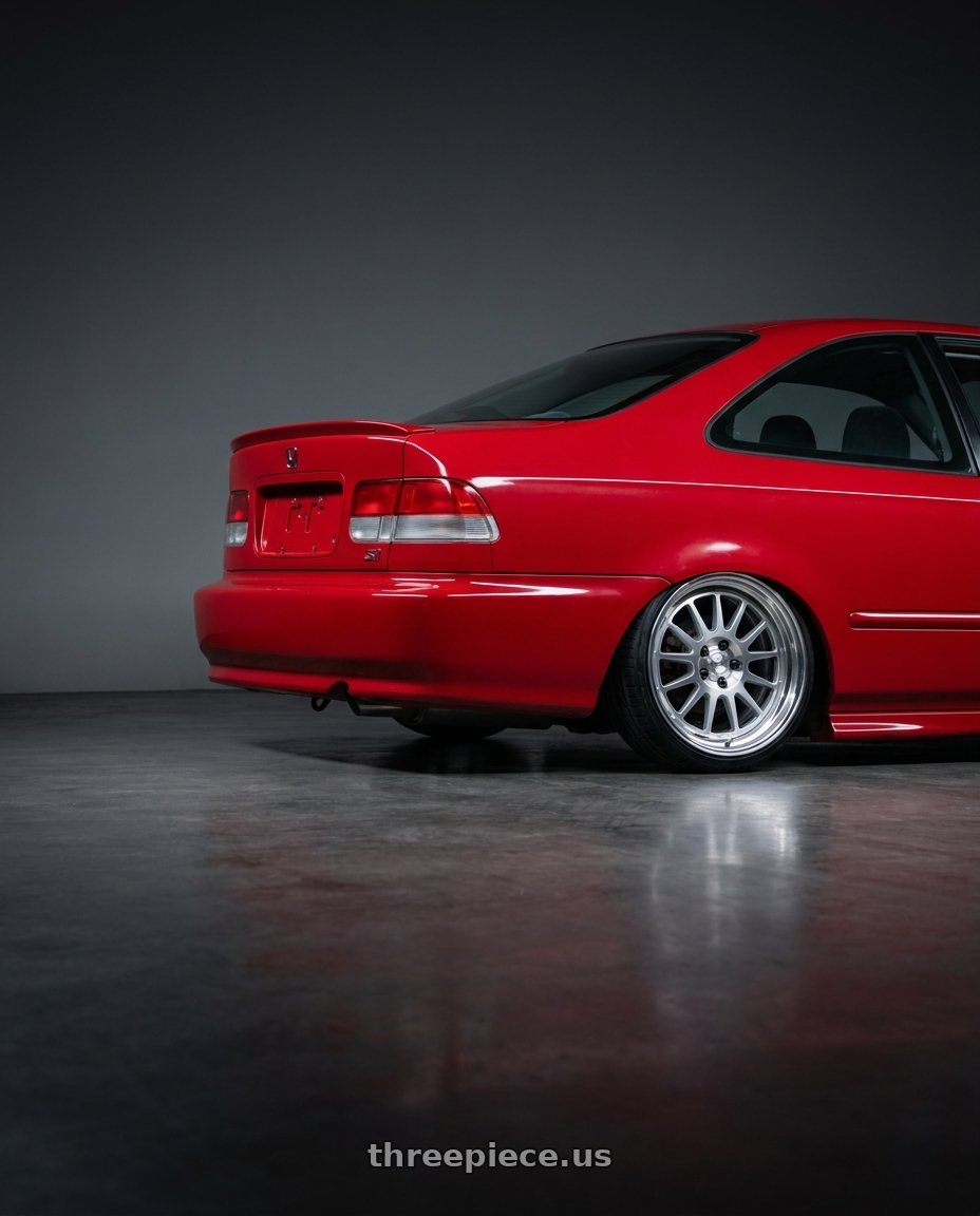 2000 Honda Civic Si with Work Seeker Fx 4x100 16x8+22 O Disk Matte Silver Polish wheels rear three quarter view slight stretch tires