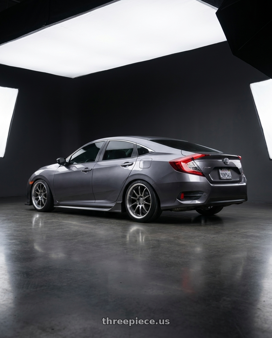 2017 Honda civic LX with Work Emotion D9r 5x114.3 18x8.5 +47 Gt Silver Rim Cut wheels rear three quarter view square tires