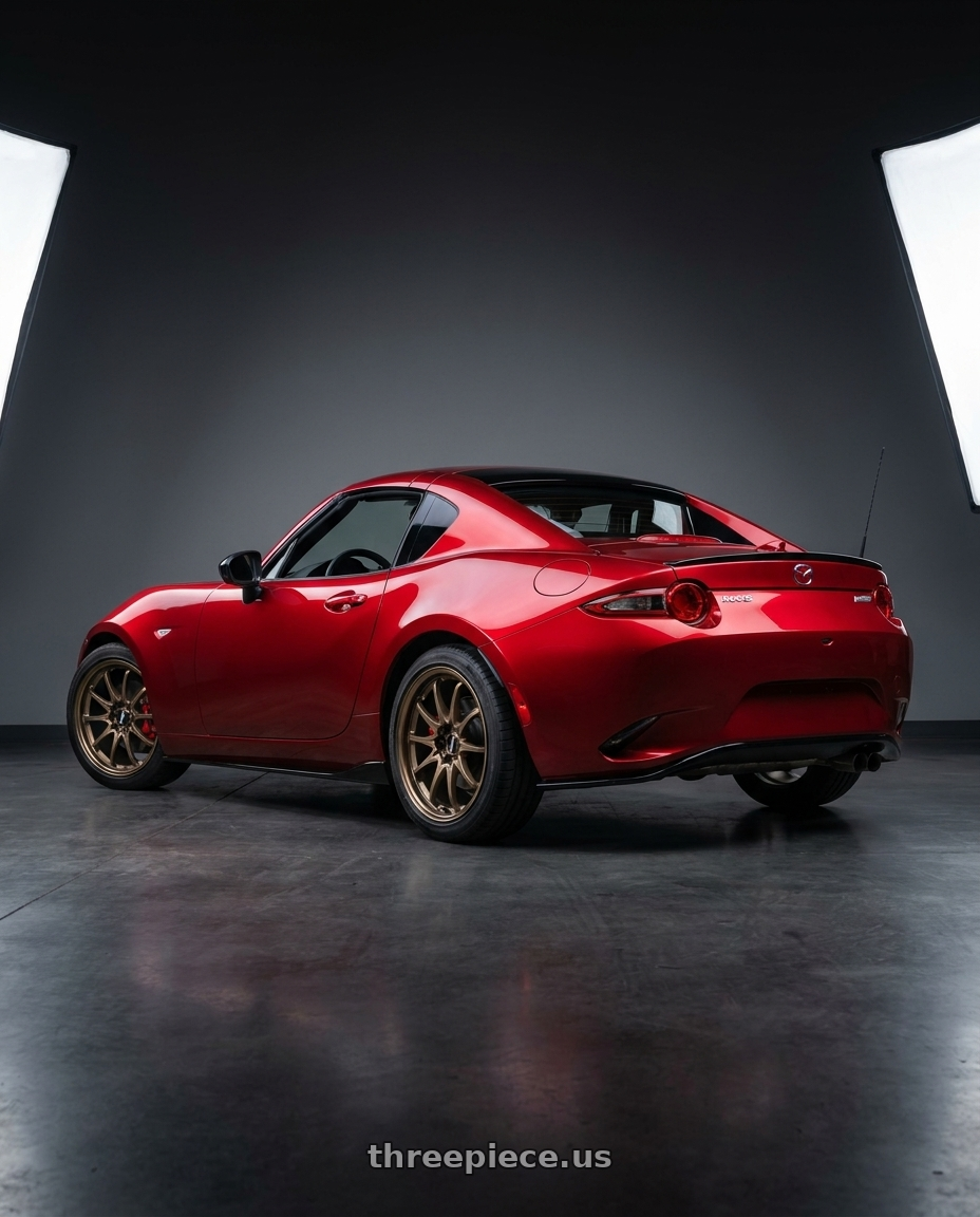2026 mx5 rf nd3 with Volk Racing CE28N-PLUS 5x114.3 17x7.5 +48 SHINING BRONZE METAL wheels rear three quarter view square tires