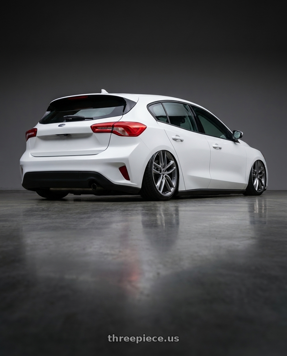 2020 Ford focus with BBS SX 5x112 18x8.0+44 Gloss Platinum w/ Diamond Cut wheels rear three quarter view slight stretch tires