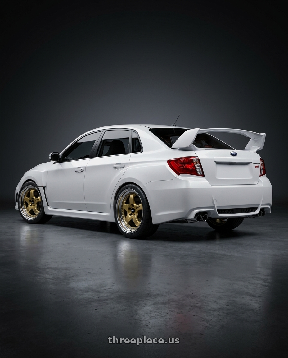 2011 sti sedan  with Work Meister M1 3p 5x114.3 18x9+40 H Disk Titanium Gold wheels rear three quarter view square tires