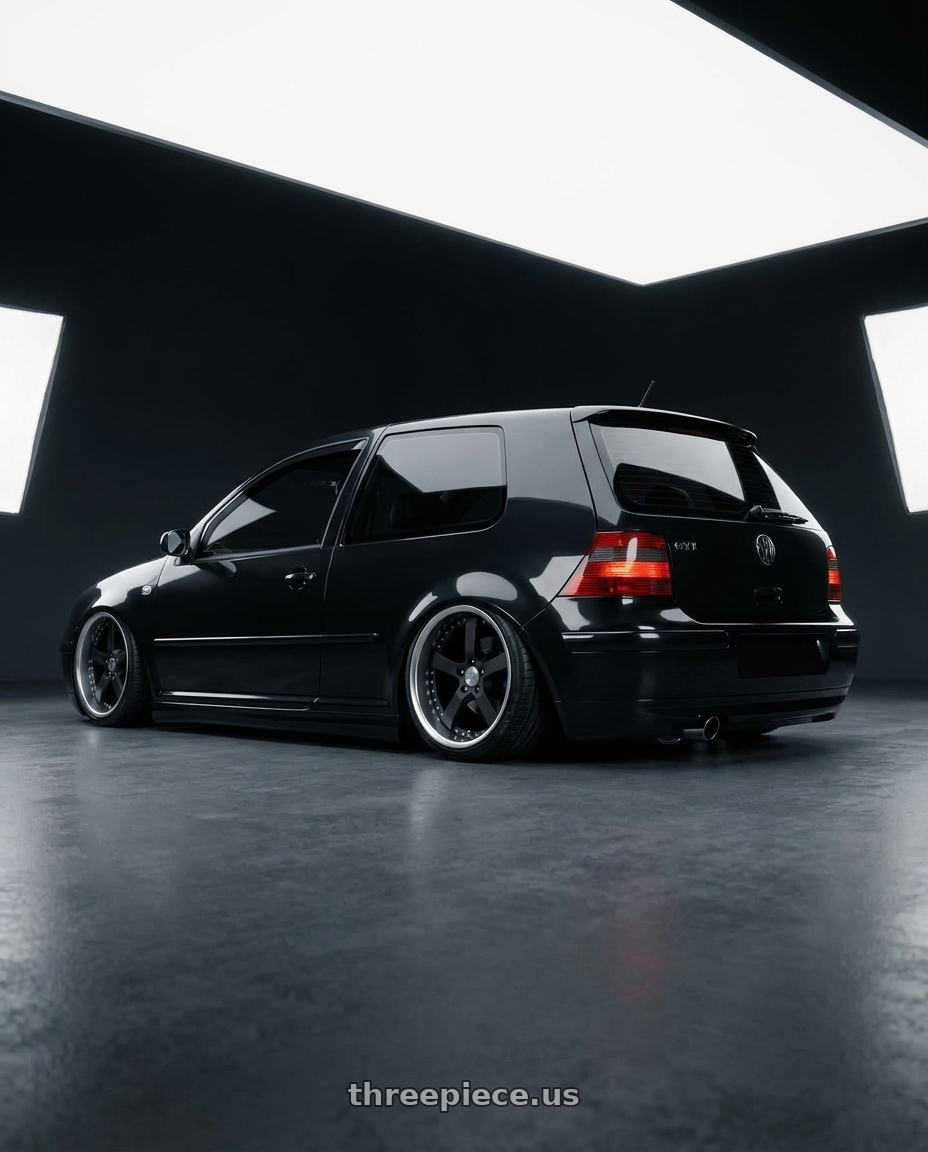2005 VW GTI with Work Equip E05 5x108 19x10.5+-15 r disk Black Anodized wheels rear three quarter view slight stretch tires