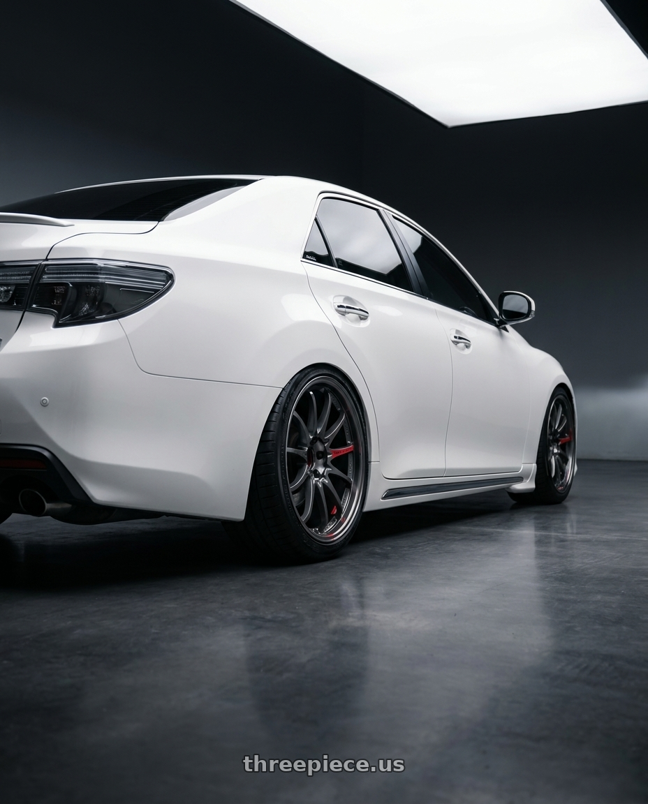 2014 Toyota Mark X with Volk Racing CE28SL 5x114.3 18x8.5+35 wheels rear three quarter view square tires