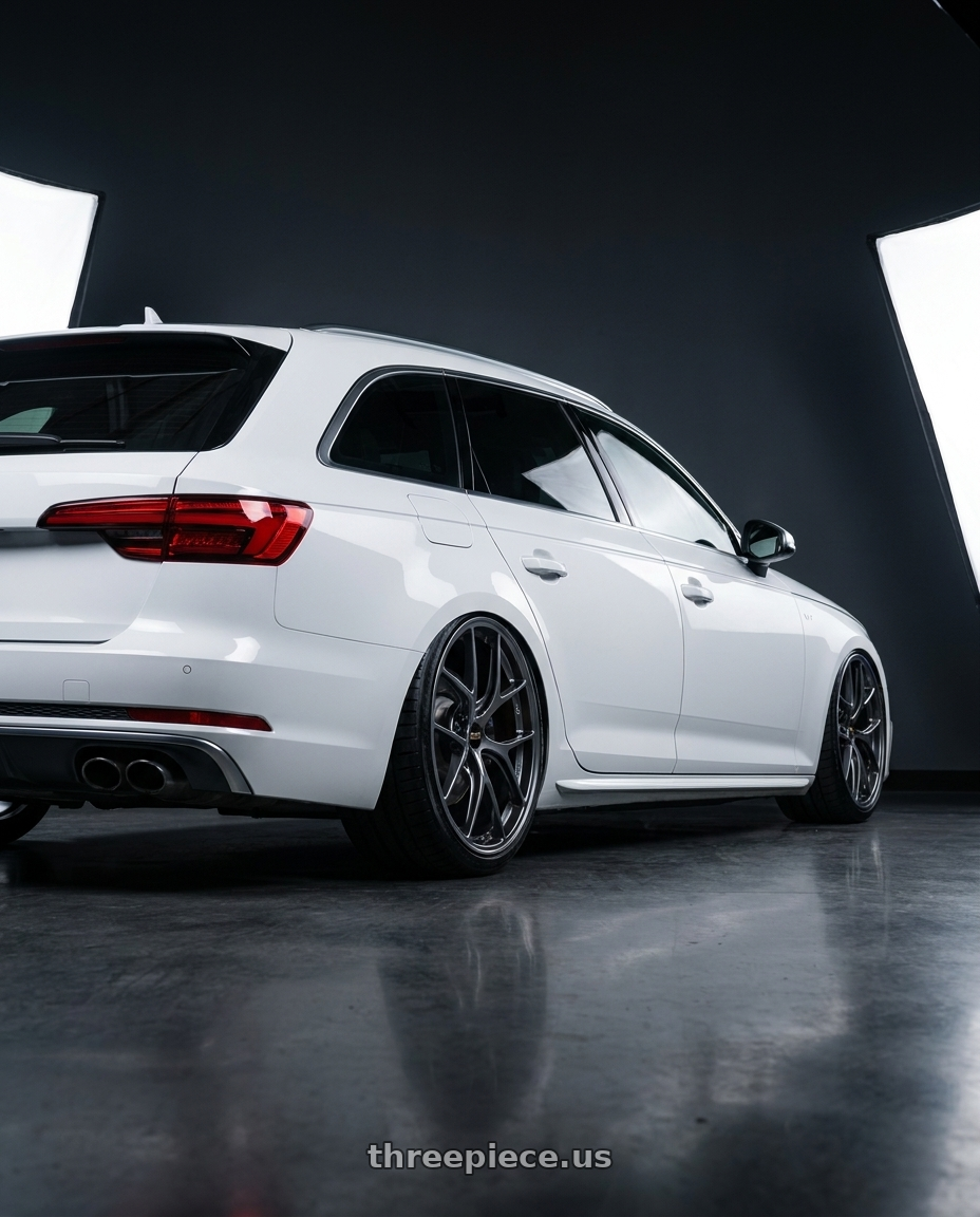 2016 audi s4 avant white with BBS RI-D 5x108 19x10.5 +35 Diamond Black wheels rear three quarter view extreme stretch tires
