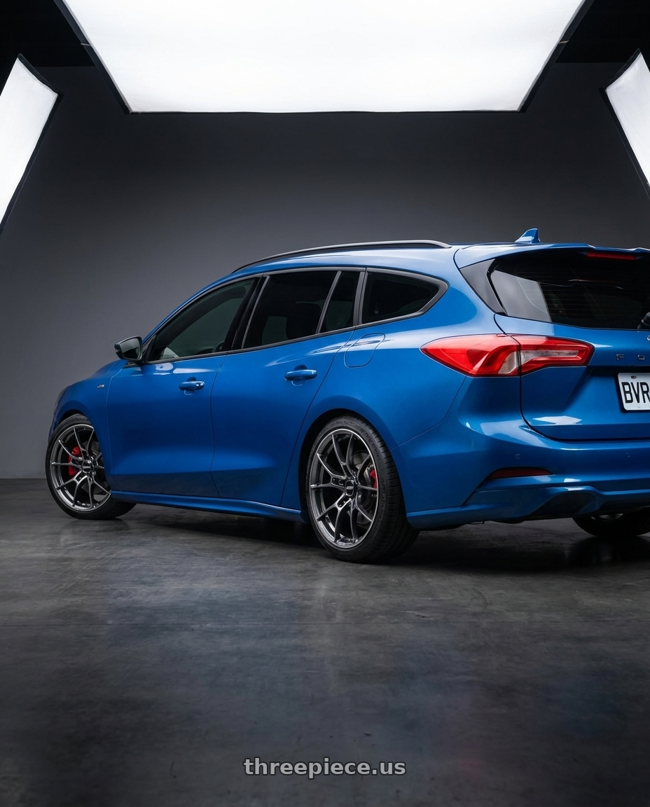 2024 ford focus wagon with Volk Racing G025 5x112 19x10 +33 FORMULA SILVER / DC wheels rear three quarter view slight stretch tires