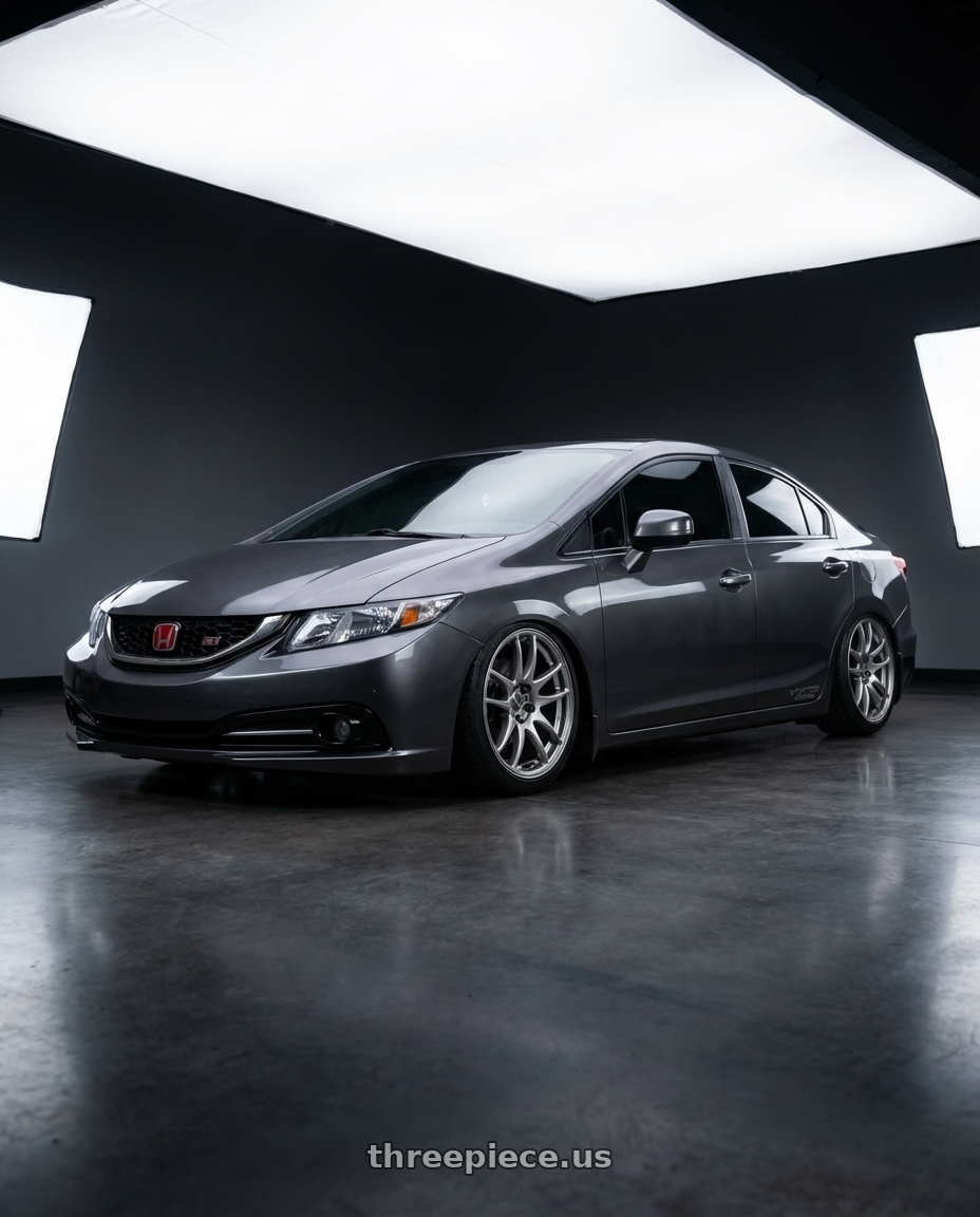 2013 Honda Civic SI with Work Emotion Cr Kiwami 4x100 17x7 +47 Gt Silver wheels front three quarter view slammed stance