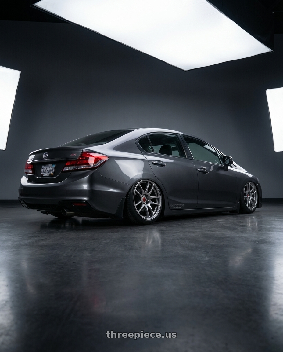 2013 Honda Civic SI with Work Emotion Cr Kiwami 4x100 17x7 +47 Gt Silver wheels rear three quarter view slight stretch tires