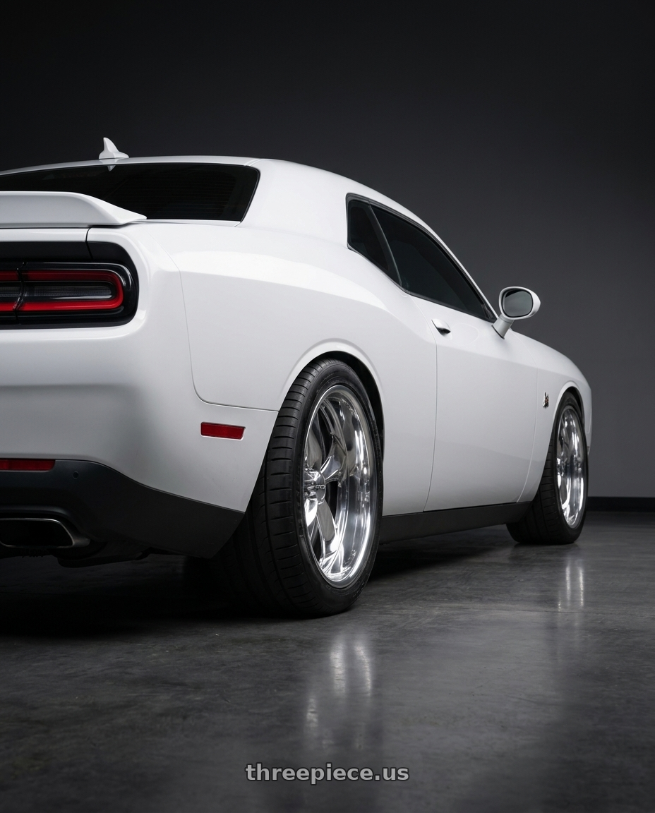 2016 dodge challenger with Foose 2PC F201 NITROUS 5X120.65 18X7 +0 HIGH LUSTER POLISHED wheels rear three quarter view meaty tires