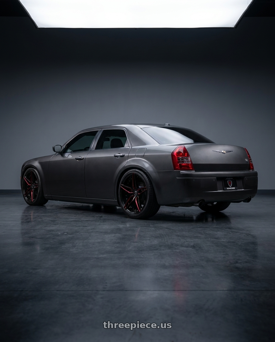 2008 Chrysler 300c 2008 with MARQUEE WHEELS M3259 5x115 20x9+15 BLACK / RED wheels rear three quarter view square tires