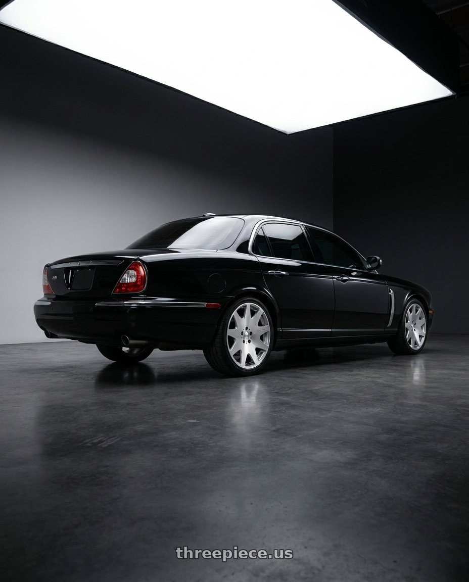 2008 jaguar xj8 with MRR HR3 5x112 20x8.5 +35 Silver Machined Face wheels rear three quarter view square tires