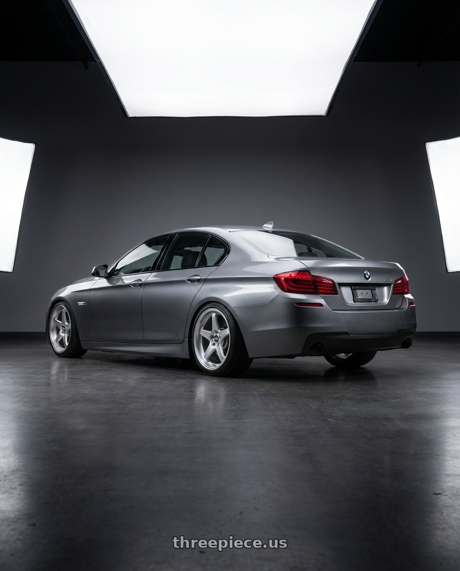 2016 BMW 5 Series F10 with ESR Wheels APEX SERIES AP5 5x120 19x9.5 +35 Hyper Silver wheels rear three quarter view square tires