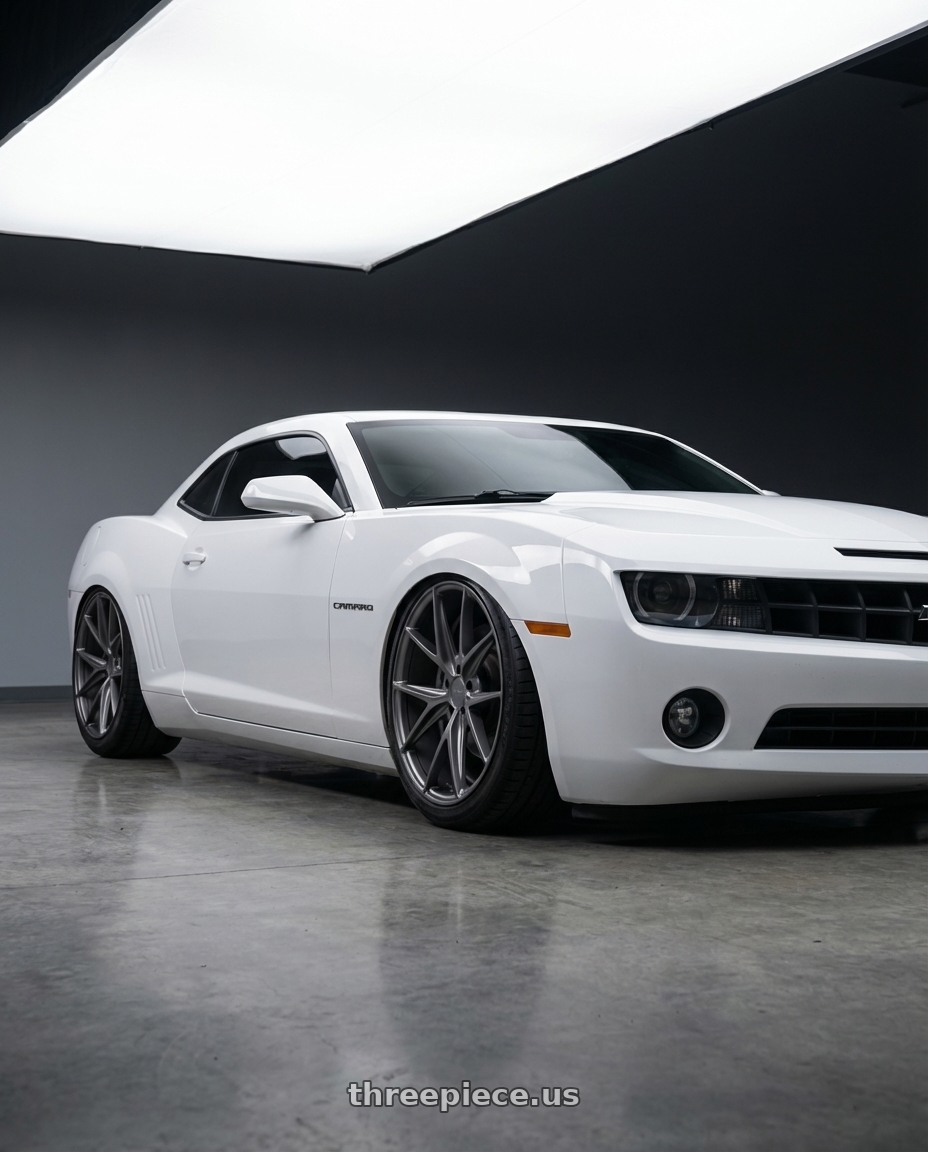 2014 Chevrolet Camaro 5th Gen with Niche 1PC M116 MISANO 5X120 20X9 +35 MATTE GUN METAL wheels front three quarter view stanced stance